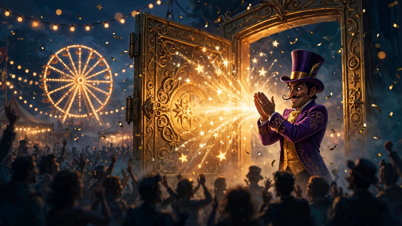 Magnifico applauding beside the open vault as golden stars burst out