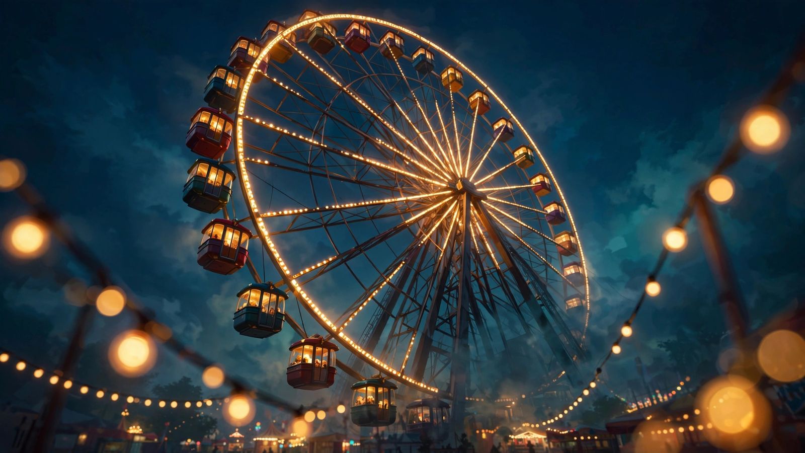 The Ferris wheel turning above the midway at dusk