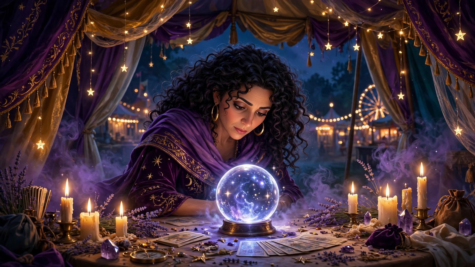 Madame Zara leaning over her glowing crystal ball