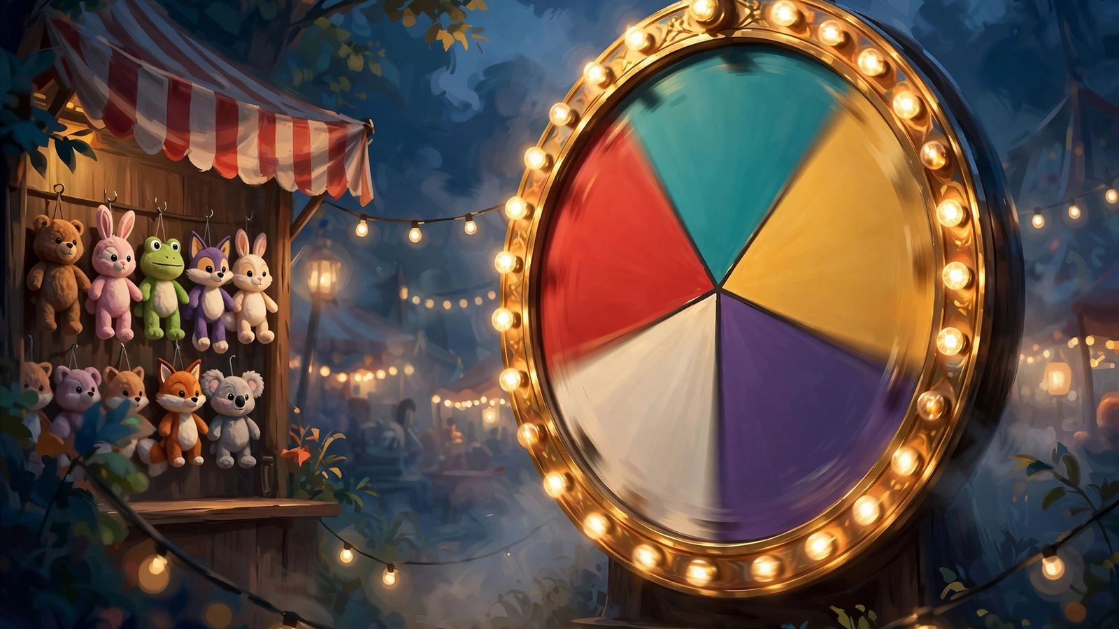 The great prize wheel with blank colored panels and plush prizes